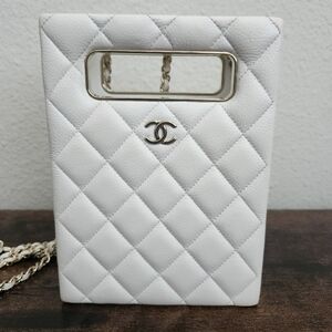 Chanel Chain Around Cut Out Handle Evening Tote Quilted Caviar Mini White